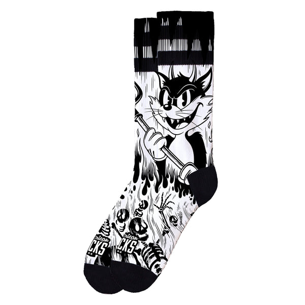 Chaussette American Socks Unisexe Noir et Blanc Motif Chat Diable Vue de coté
