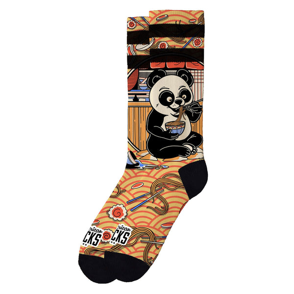 Chaussette American Sock Orange et Noir Motif Panda mange Nouille Vue de coté 