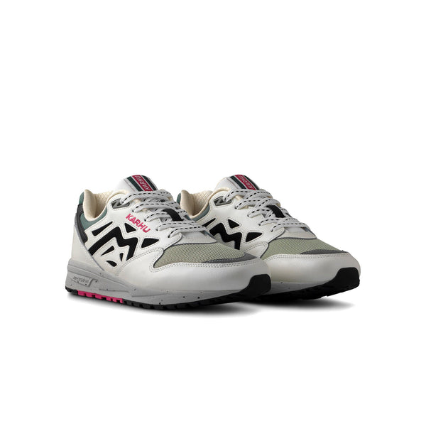 Angled view of Karhu Legacy 96 – suede and mesh in monochrome tones