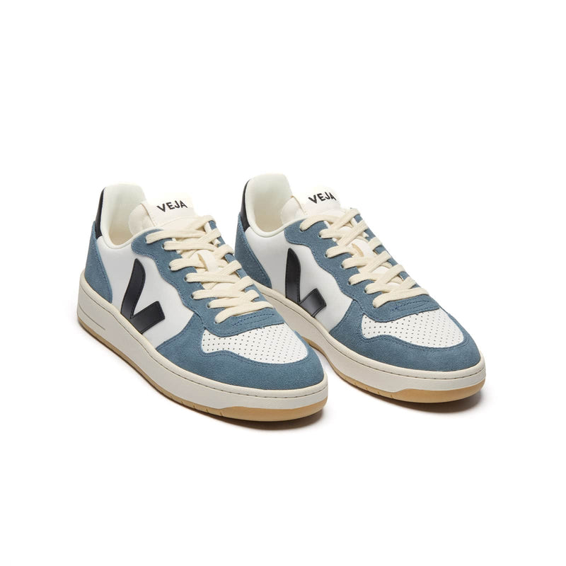 Three-quarter view of eco-friendly Veja V-10 Prime Leather men's sneakers with blue and black accents