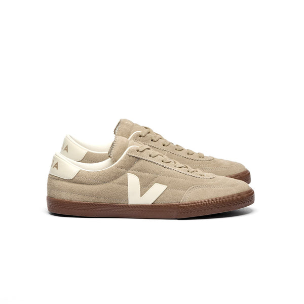 Side view of sustainable VEJA Panenka suede sneakers in taupe color for women