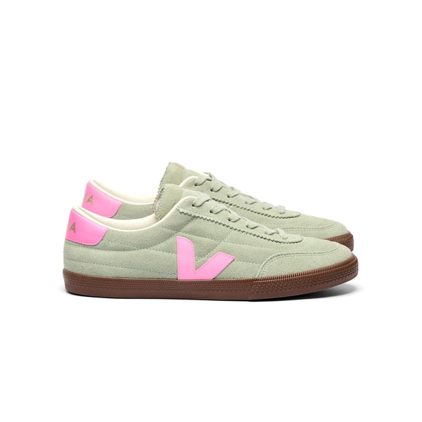Side view of sustainable VEJA Panenka suede sneakers in clay and malibu pink for women