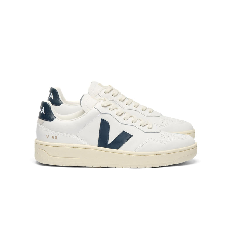 Side view of VEJA V-90 white and blue sneakers in smooth leather