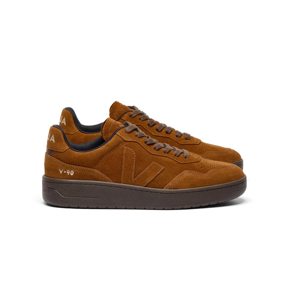 Side view of sustainable VEJA V-90 suede sneakers in full cognac and eagle for men