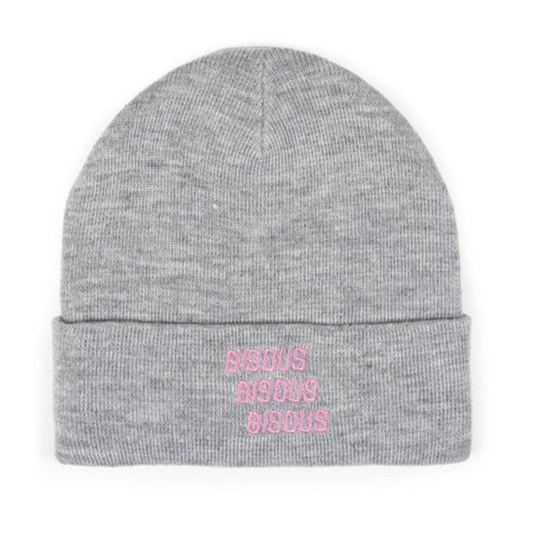 Bonnet Bisous gris broderie x3 bisous rose a l'avant - vue de face 