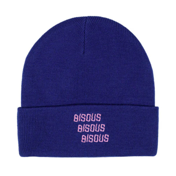 Bonnet Bisous Bleu Marine avec Broderie X3 Bisous rose a l'avant - vue de face 