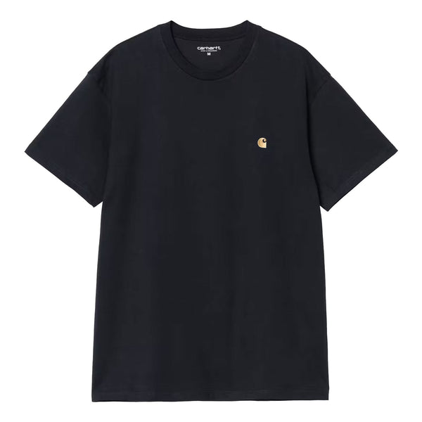 T-Shirt Carhartt Dark Navy Homme avec broderie Carhartt Gold a l'avant gauche - Vue de Face