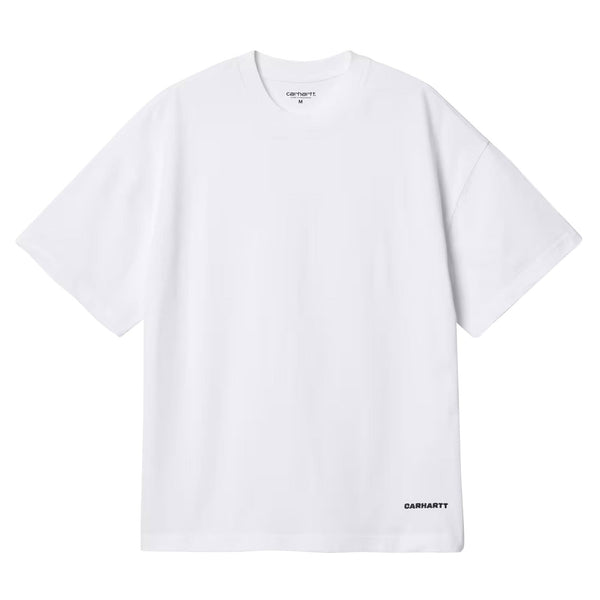 T-shirt Carhartt blanc oversize broderie carhartt noir en bas du t-shirt a gauche vue de face 