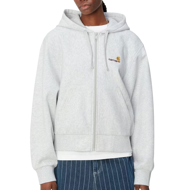 Pull a capuche carhartt gris femme logo american script vue de face mannequin