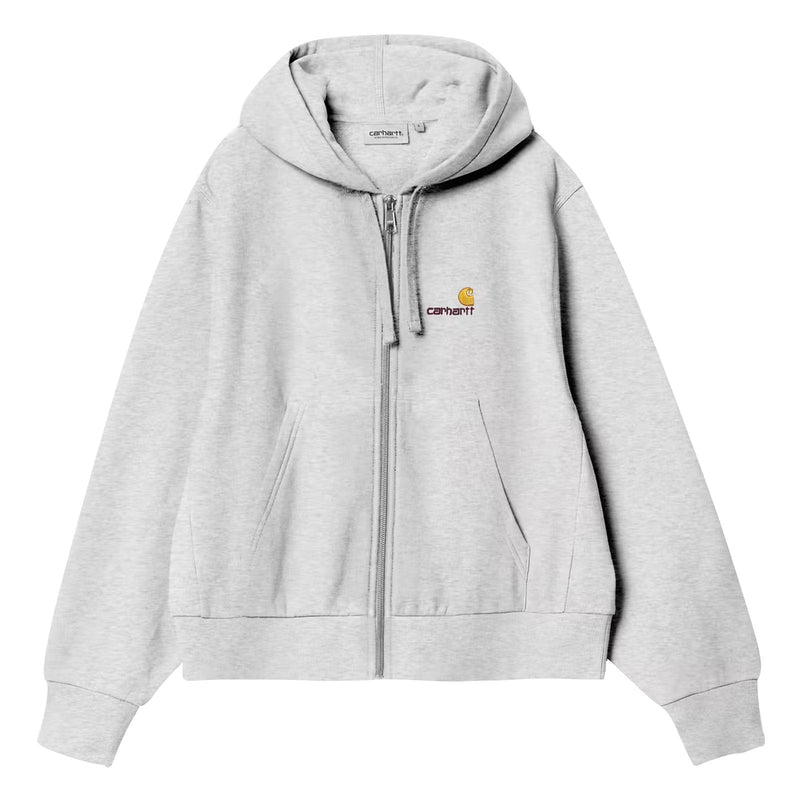 Pull a capuche carhartt gris femme logo american script vue de face 