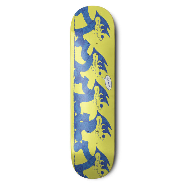 Planche de skate Cleaver Skateboard jaune graphisme rafaelo bleu - vue de face