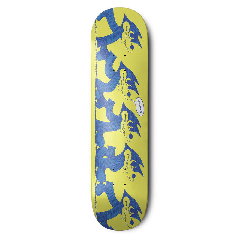 Planche de skate Cleaver Skateboard jaune graphisme rafaelo bleu - vue de face