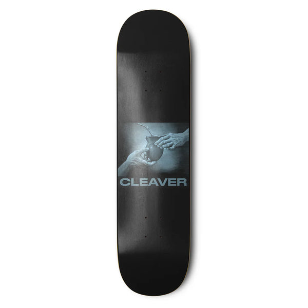 Planche de skate Cleaver Skateboard noir avec graphisme main matcha bleu ciel - vue de face 