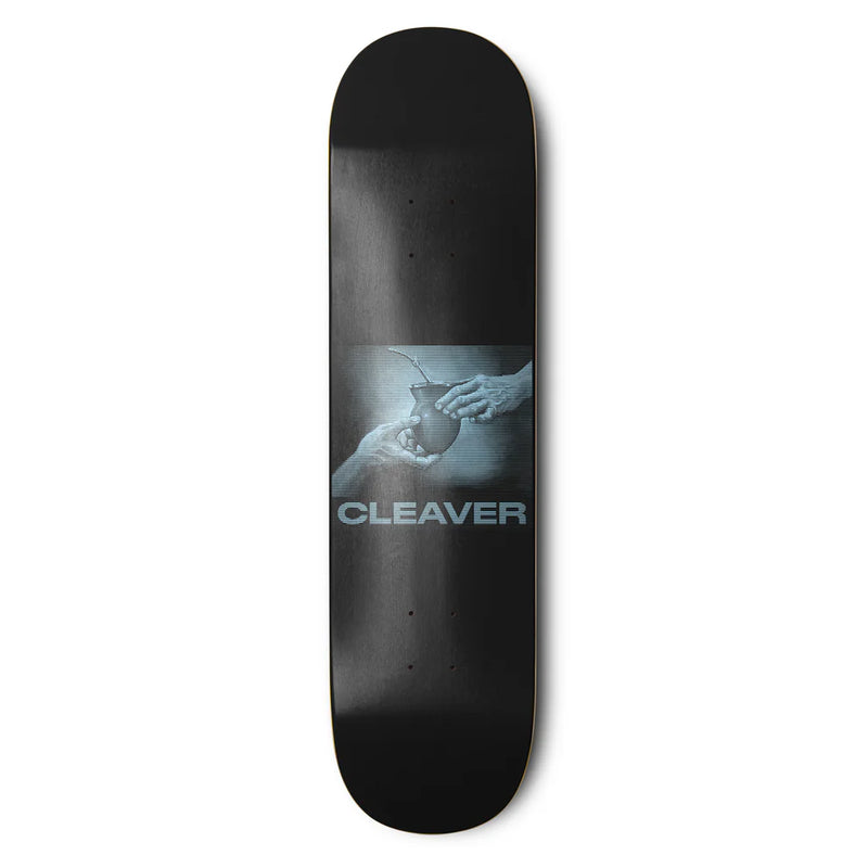 Planche de skate Cleaver Skateboard noir avec graphisme main matcha bleu ciel - vue de face 