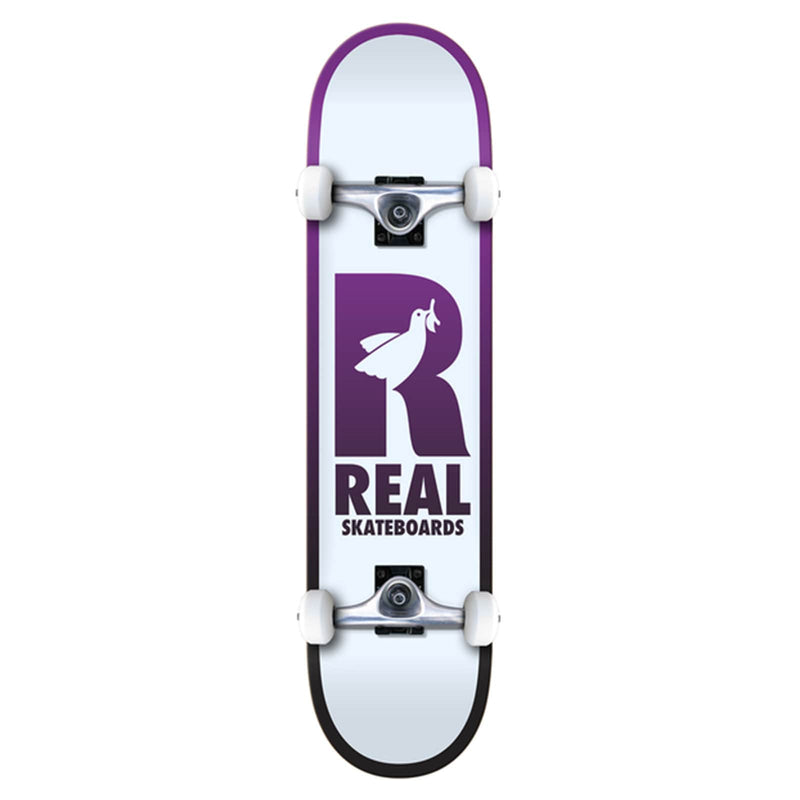 Skateboard complet Real Blanc et violet graphisme R avec colombe free vue de face