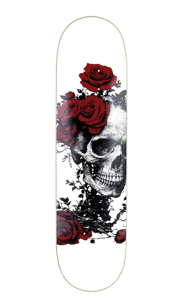 Planche de skate Disorder skateboard blanc graphisme crâne et rose  vue de face 