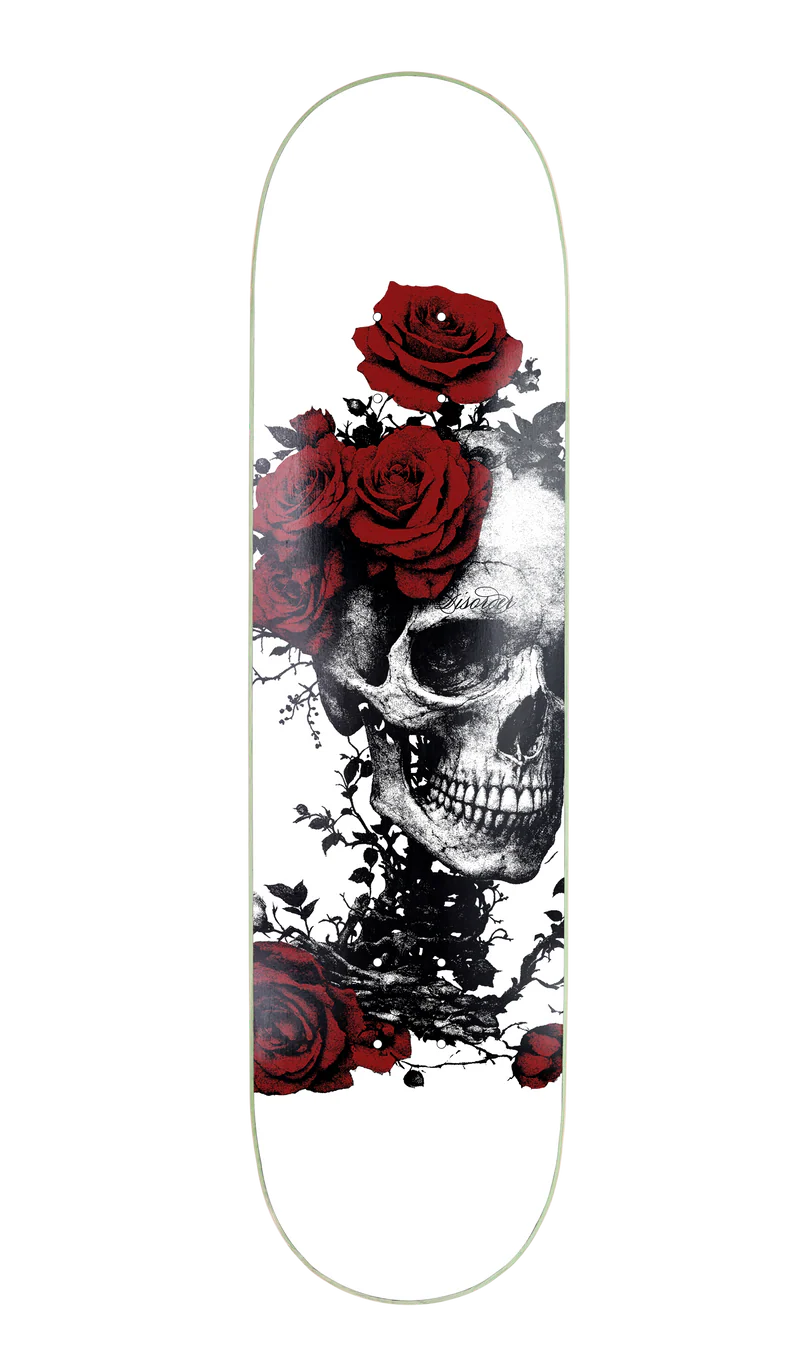 Planche de skate Disorder skateboard blanc graphisme crâne et rose  vue de face 