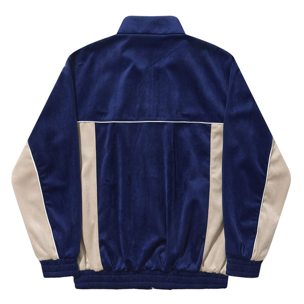 Veste Hélas col montant bleu et beige homme en peau de pêche avec logo parapluie blanc brodé a gauche - vue de dos