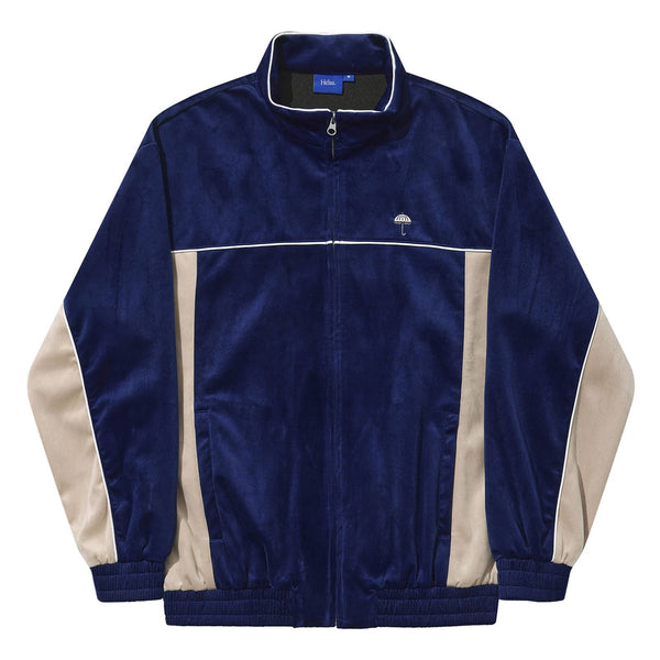 Veste Hélas col montant bleu et beige homme en peau de pêche avec logo parapluie blanc brodé a gauche - vue de face