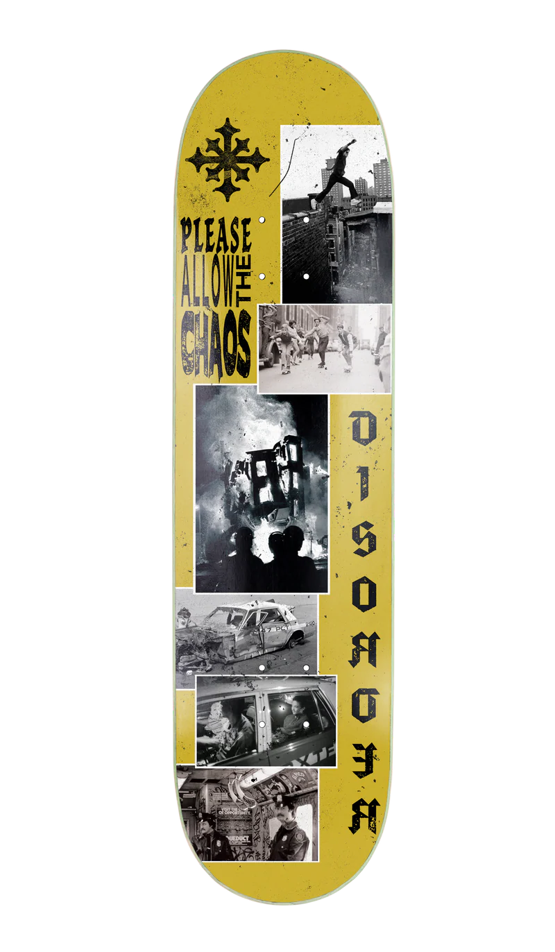 Planche de skate disorder skateboard jaune graphisme patc - vue de face 