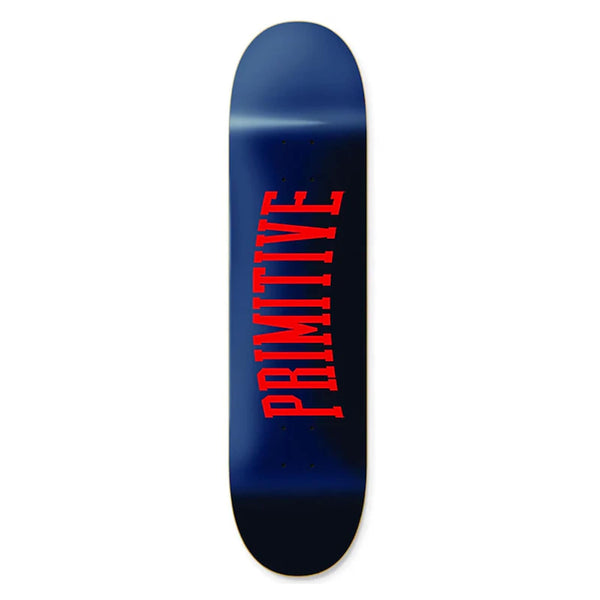 Planche de skate Primitive Bleu et Rouge graphisme Primitive college vue de face 