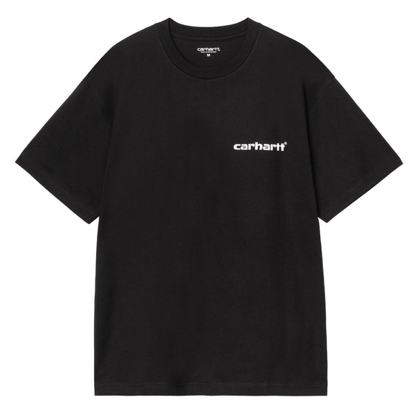 T-shirt carhartt noir avec imprimé Carhartt sur le coté droit et graphisme caps graffiti a l'arrière vue de face 