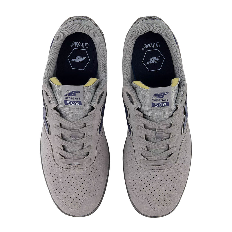 Chaussure de skate New Balance Numeric 508 Brandon Westgate Gris et logo bleu marine , vue de haut 
