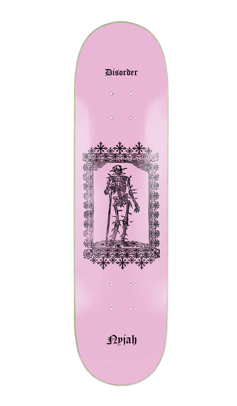 Planche de skate Disorder Rose motif squelette noir vue de face 