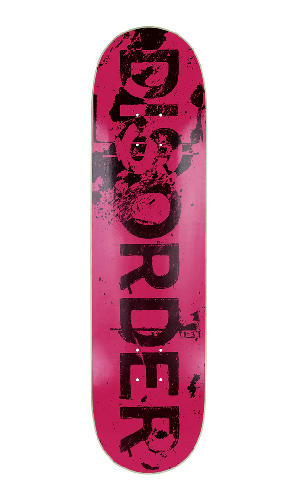 Planche de skate Disorder skateboard rose avec graphisme DISORDER déstructuré trash noir - vue de face 