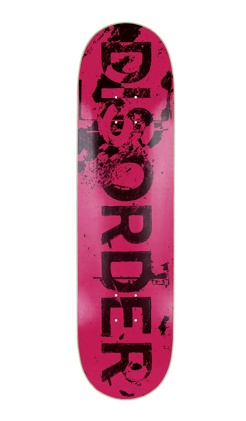 Planche de skate Disorder skateboard rose avec graphisme DISORDER déstructuré trash noir - vue de face 